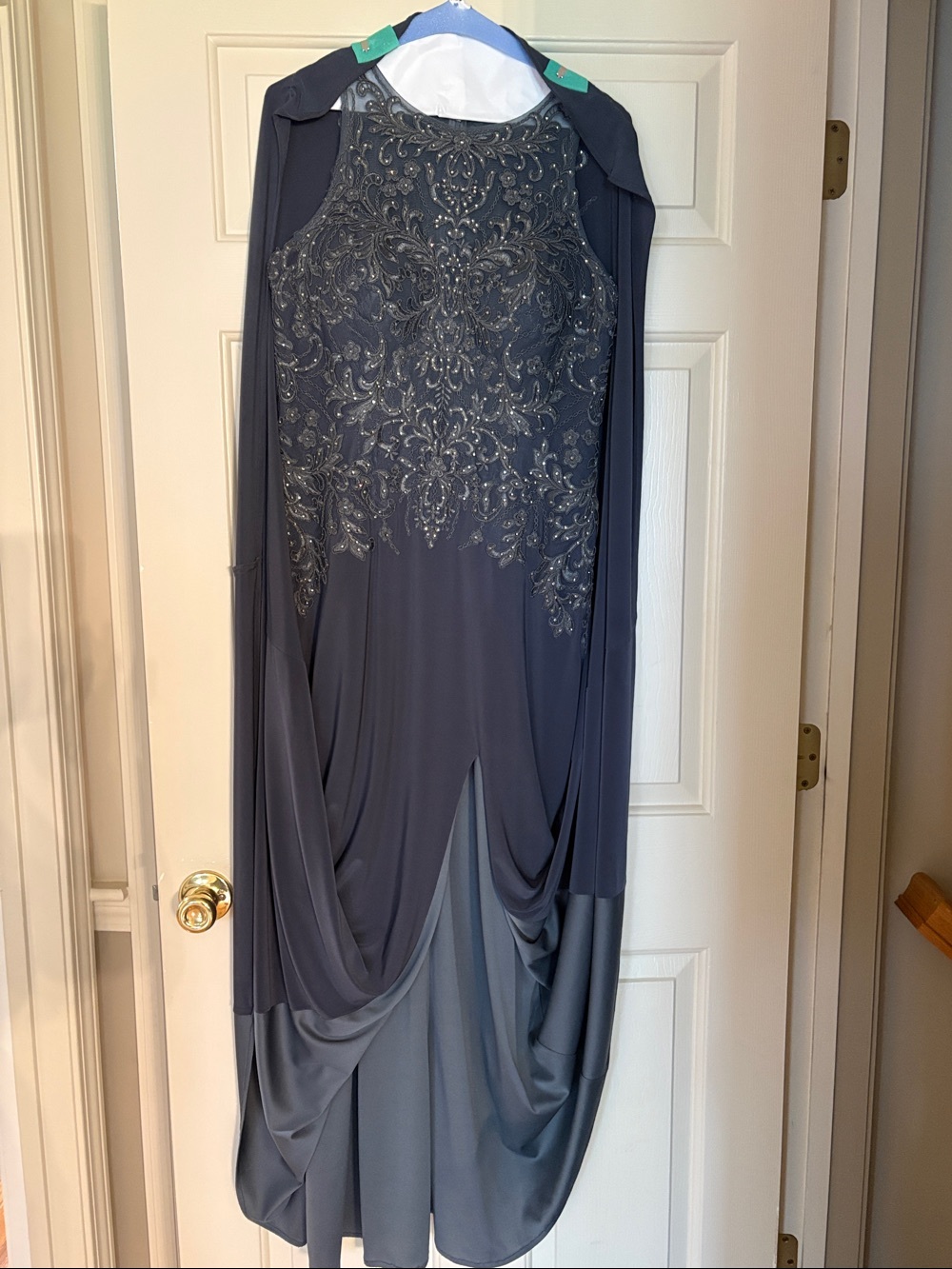 Elegant Beaded Slate Mother of the Bride / Evening Dress with Draped Skirt
